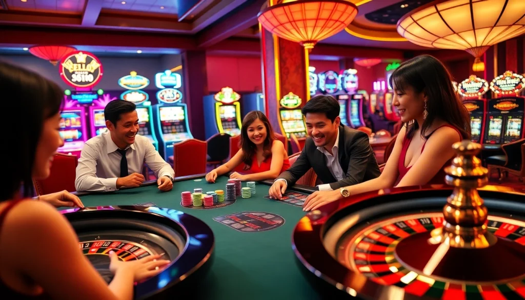 HELLO88 casino players enjoying an exciting poker game with colorful chips and roulette.