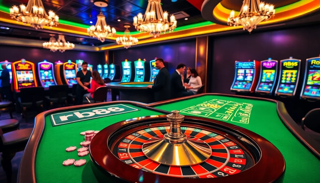 RR88 casino scene with lively blackjack tables, roulette wheel, and colorful slot machines.