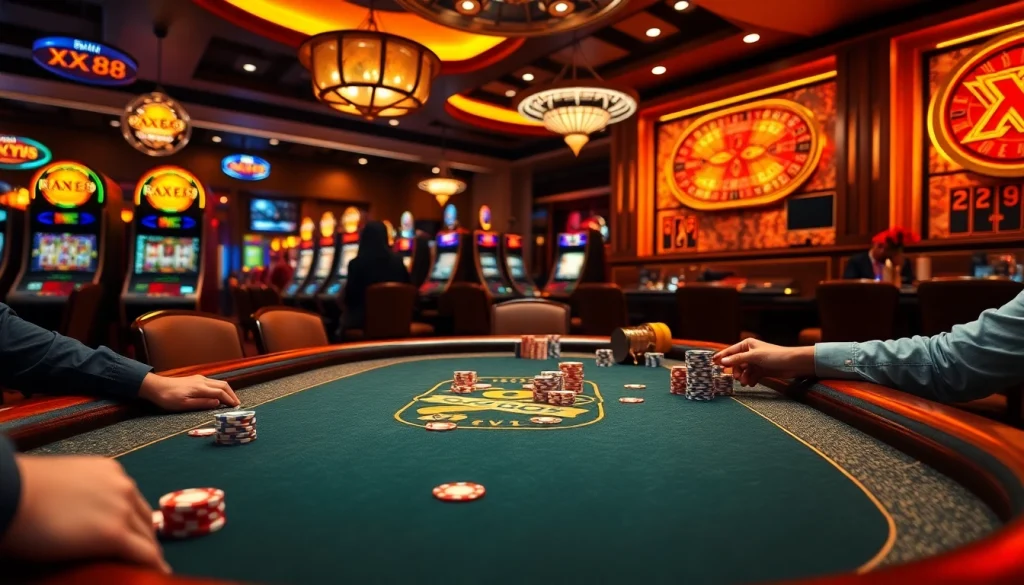XX88 poker table filled with vibrant chips and cash, depicting a thrilling gambling atmosphere.