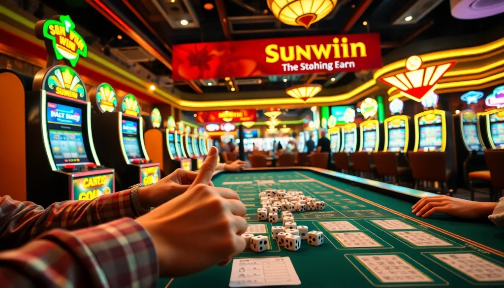 Players enjoy an animated game of tài xỉu Sunwin at a busy casino table, capturing the thrill of gambling excitement.