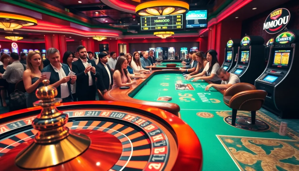 Experience the thrill of MMOO gambling as players engage at a roulette table in a lively casino setting.