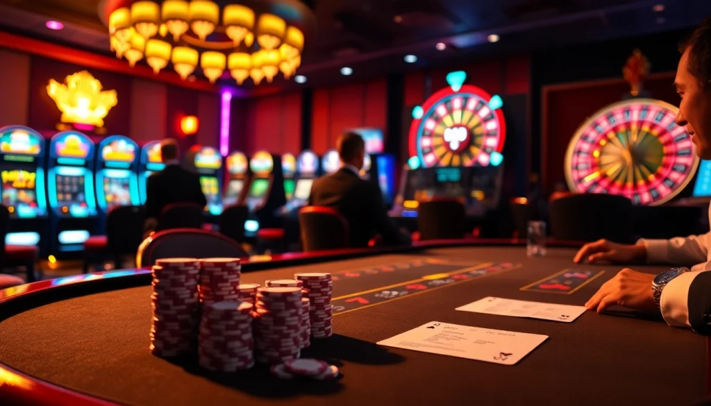 Engage in thrilling gameplay at https://vaobet.co.bz/ with poker chips stacked high and a neon roulette wheel spinning.