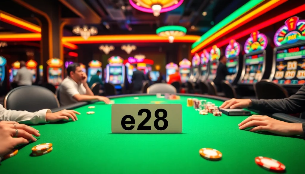 Players at a poker table in an exciting casino setting, featuring betting actions and vibrant e28-themed elements.