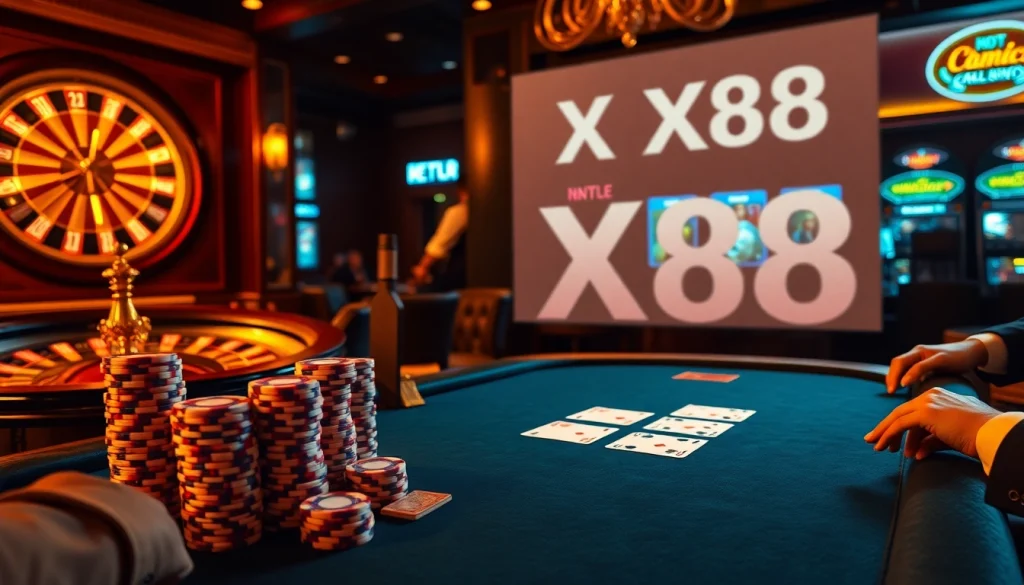 Experience the excitement of poker at XX88, showcasing vibrant chips and intense players.