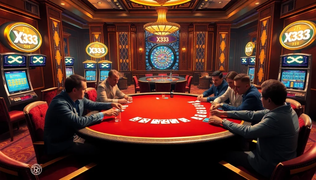 X333 displays a thrilling poker table scene in a vibrant casino filled with players, chips, and cards.