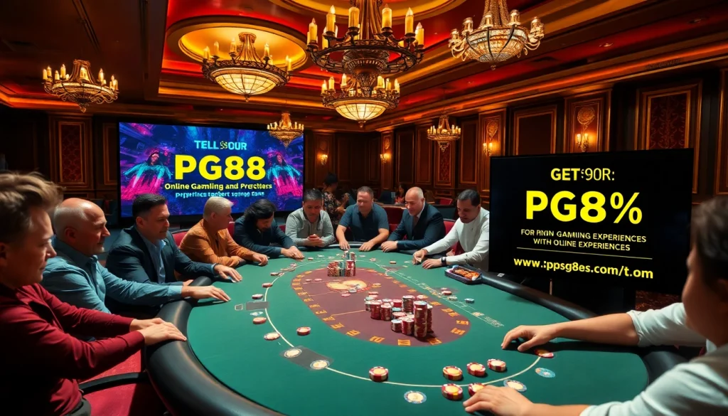 Players enjoying a tense poker game at a luxurious casino, inspired by the offerings at https://pg88s.it.com/, showcasing thrilling gambling experiences.